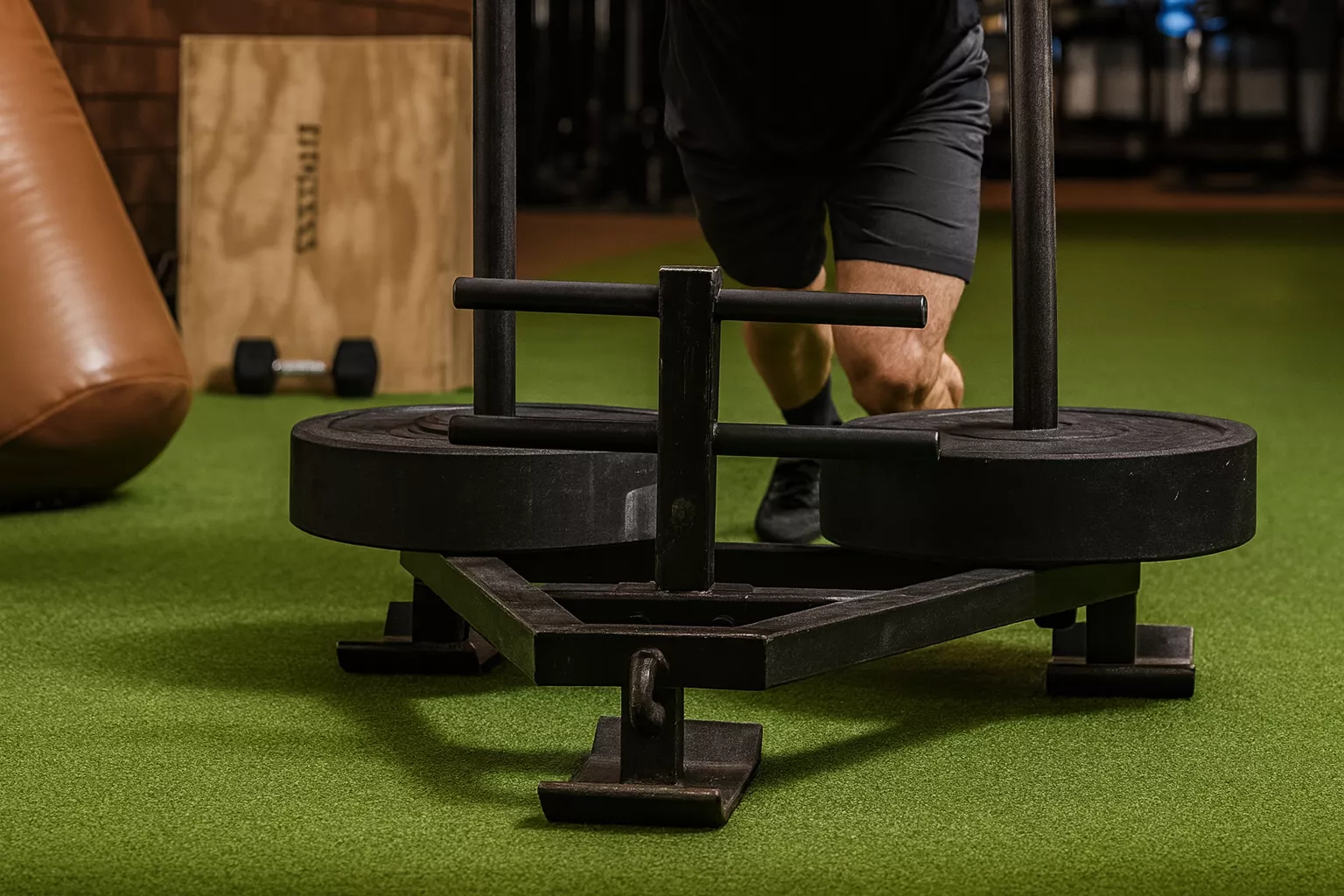 Sled training lane on gym turf