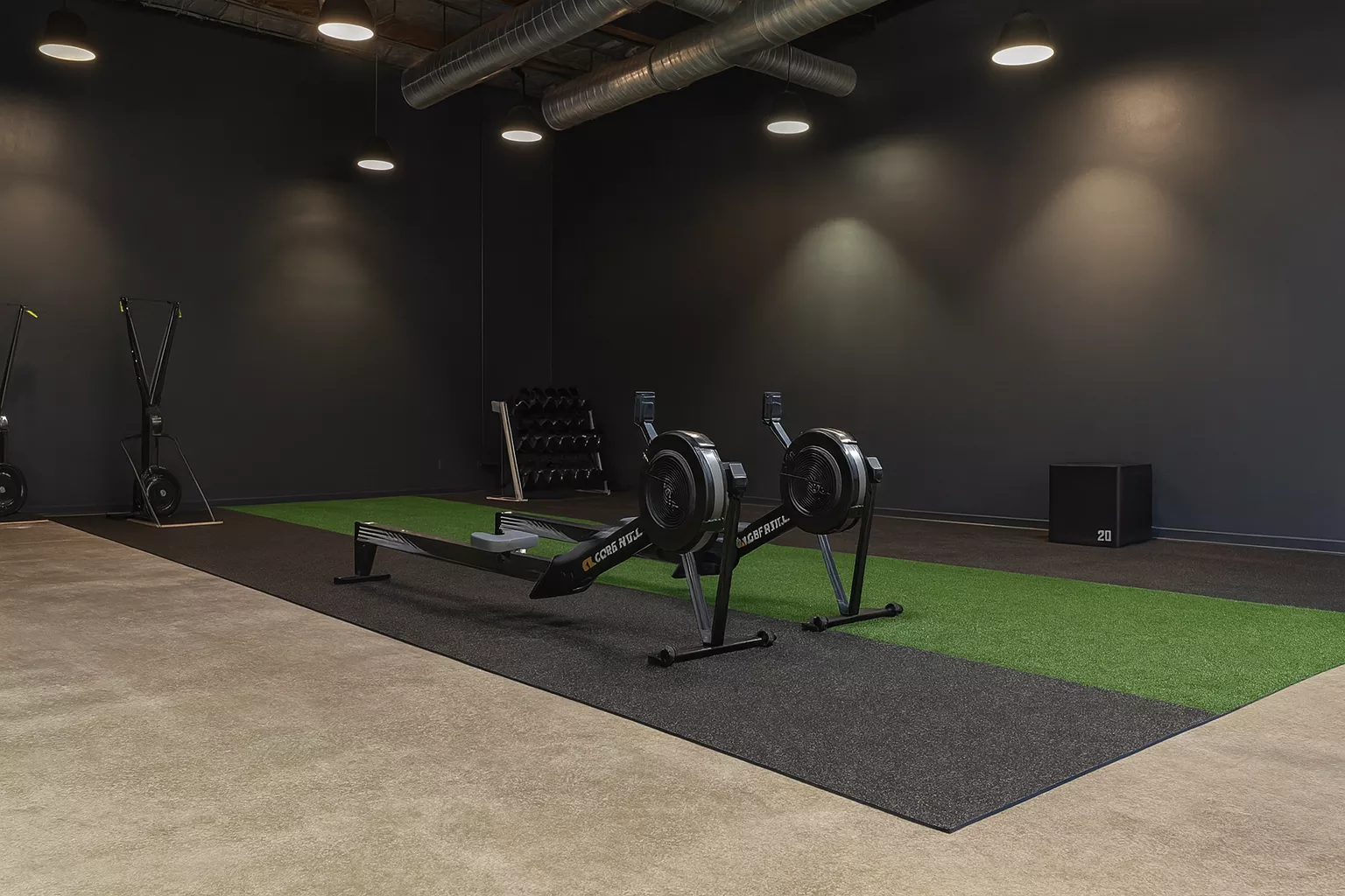 Strength training zone on gym turf