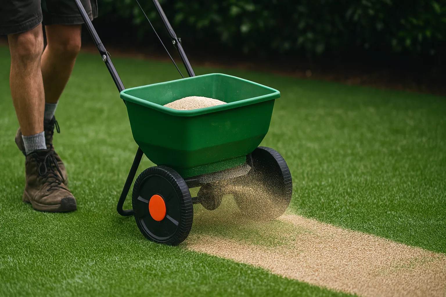 Applying infill and grooming artificial turf fibers