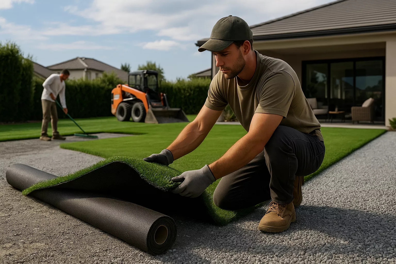 Professional artificial turf installation crew