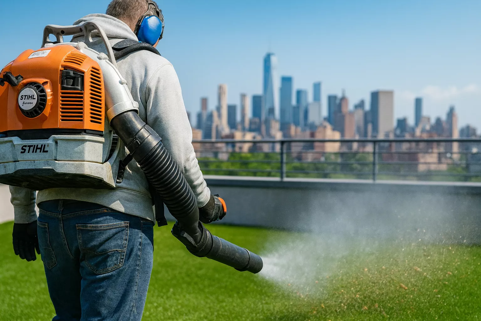 Leaf blower cleaning on rooftop turf