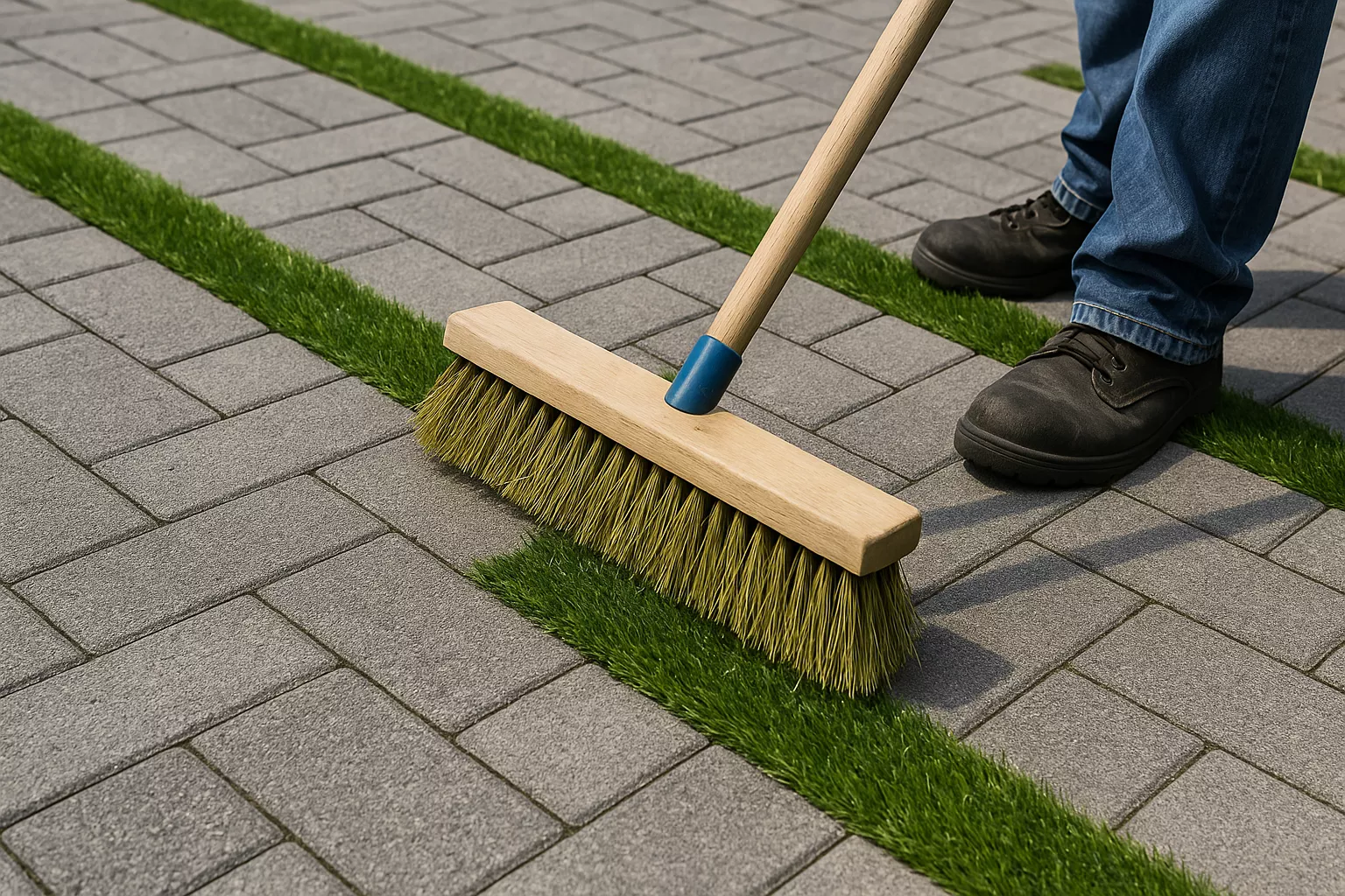 Brushing turf strips between pavers