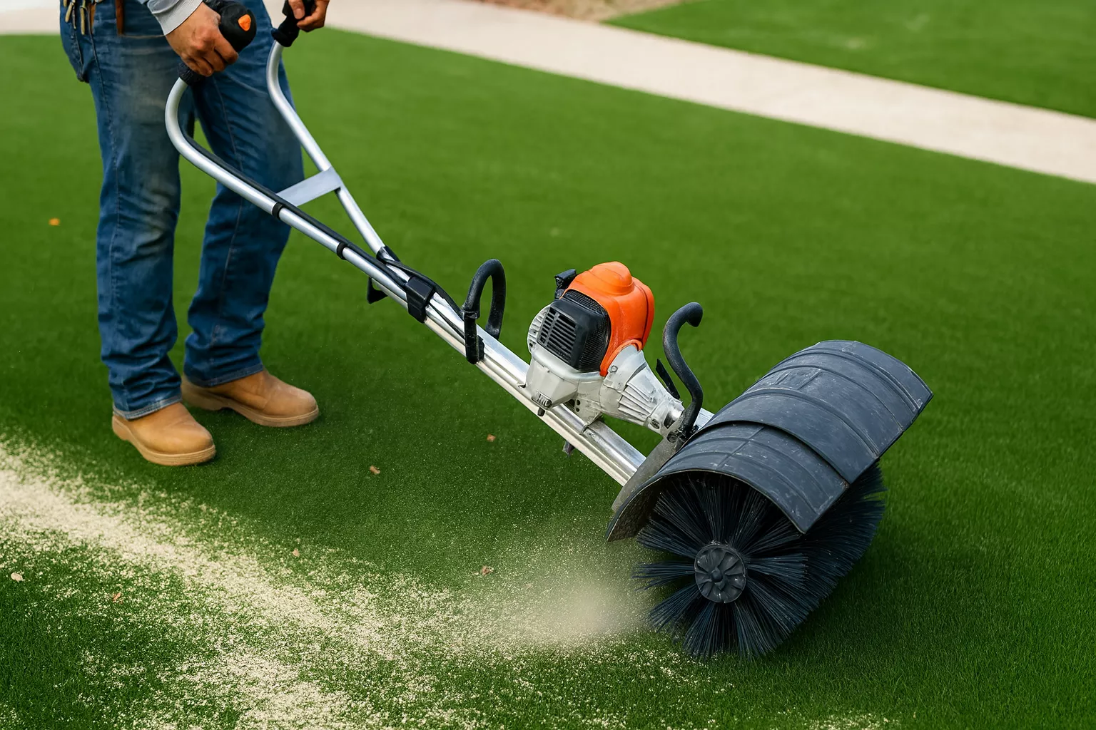 Brushing artificial lawn turf