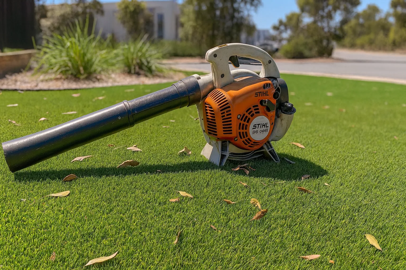 Blowing and removing loose debris from turf in Pasadena