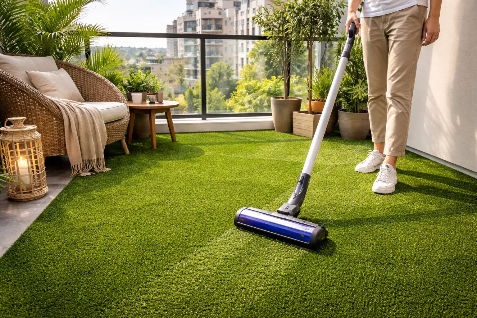 Debris removal on balcony turf