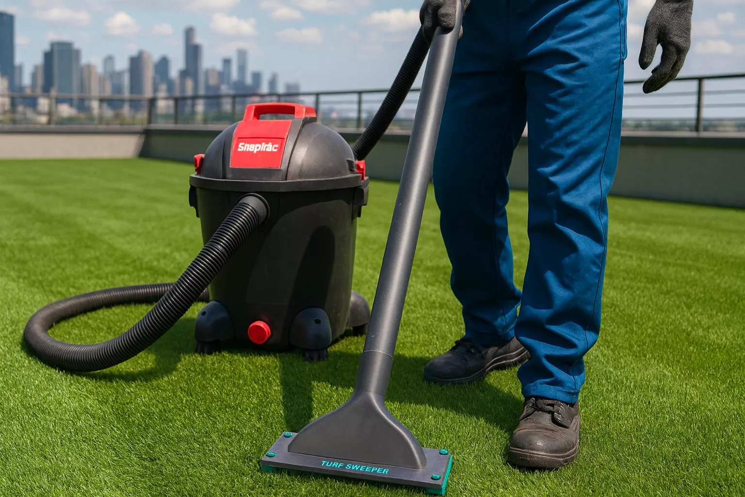 Debris removal on rooftop turf