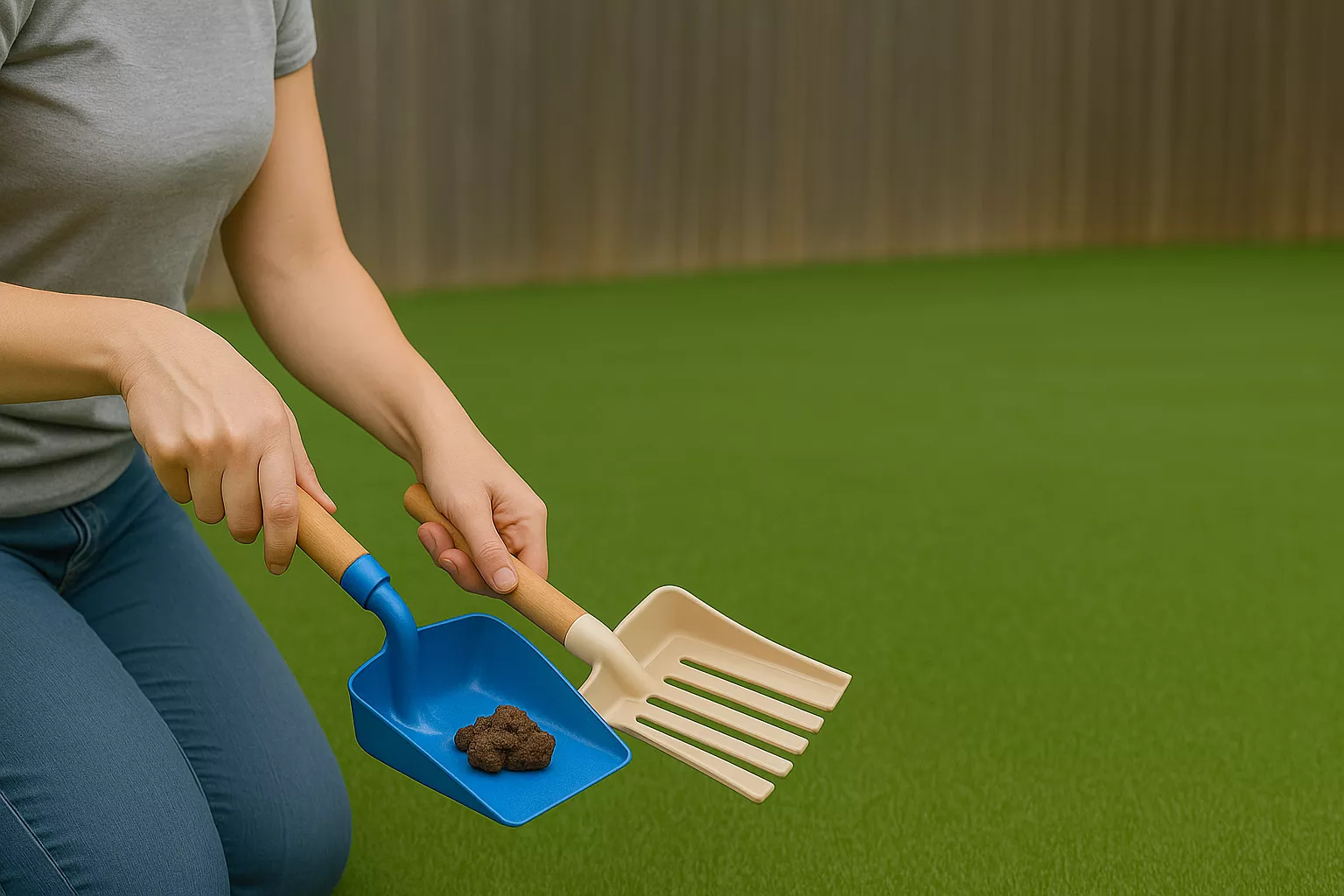 Artificial pet turf cleaning removing dog waste from synthetic grass