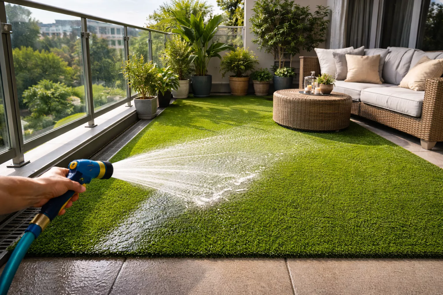 Rinsing balcony turf for freshness