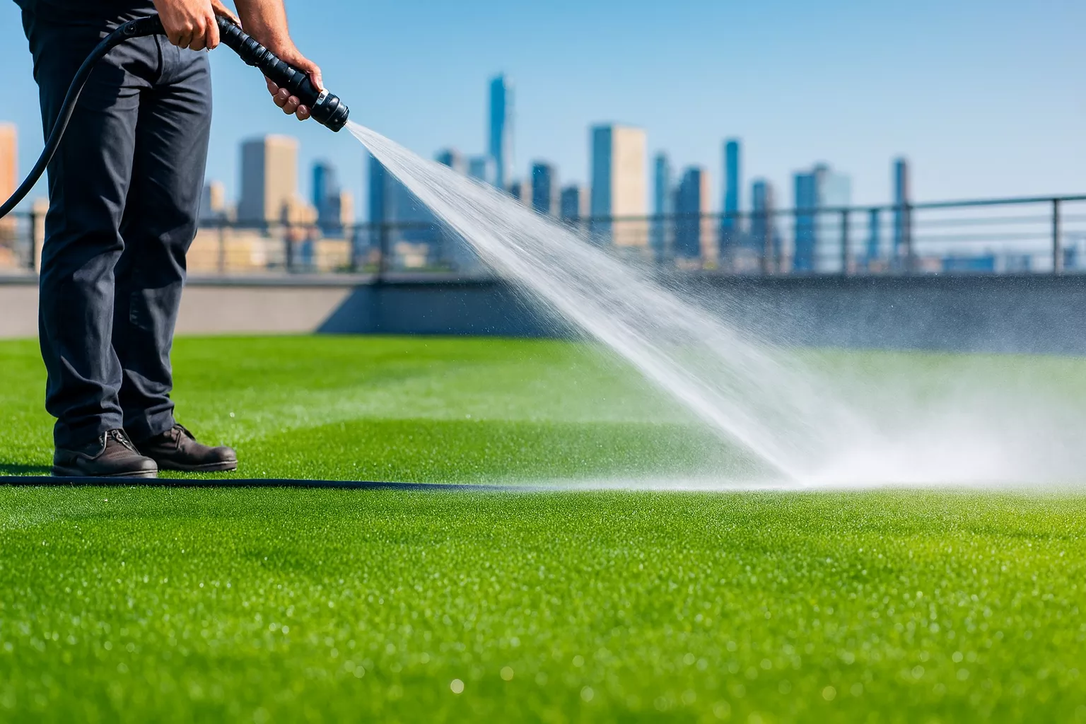 Rinsing rooftop turf