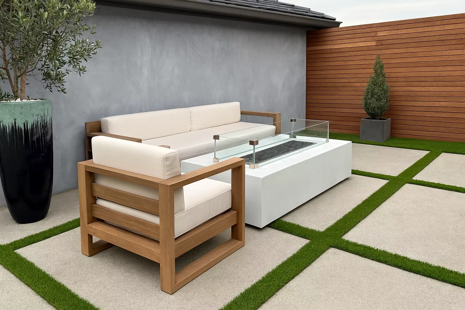Backyard with turf stripes