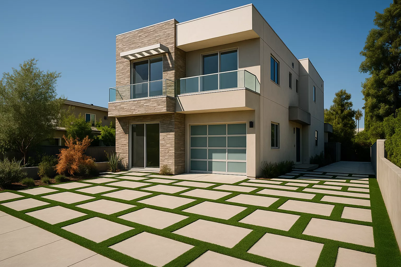 Striped turf accents in Santa Monica driveway