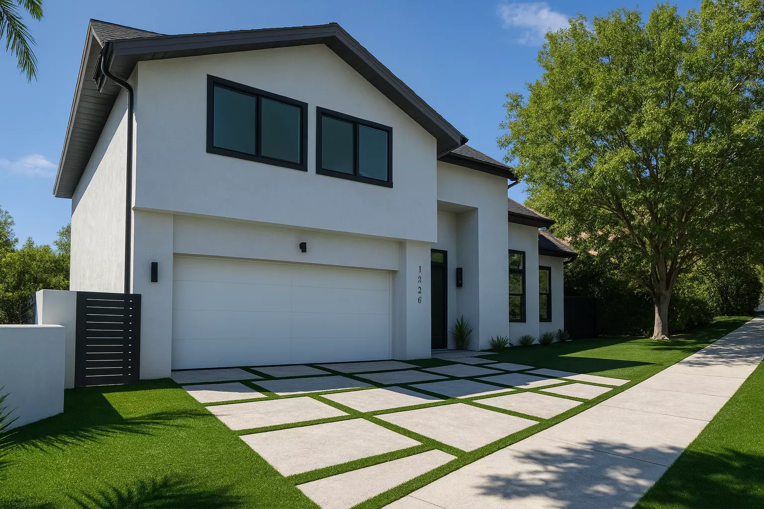 Striped turf accents for driveway