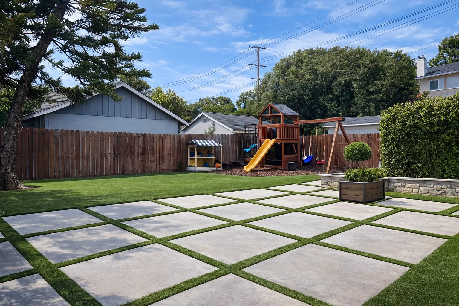 Striped turf design in Huntington Beach backyard