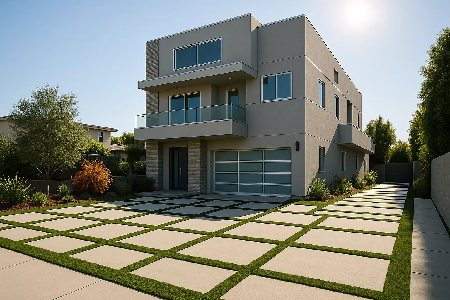 Modern driveway with turf stripes