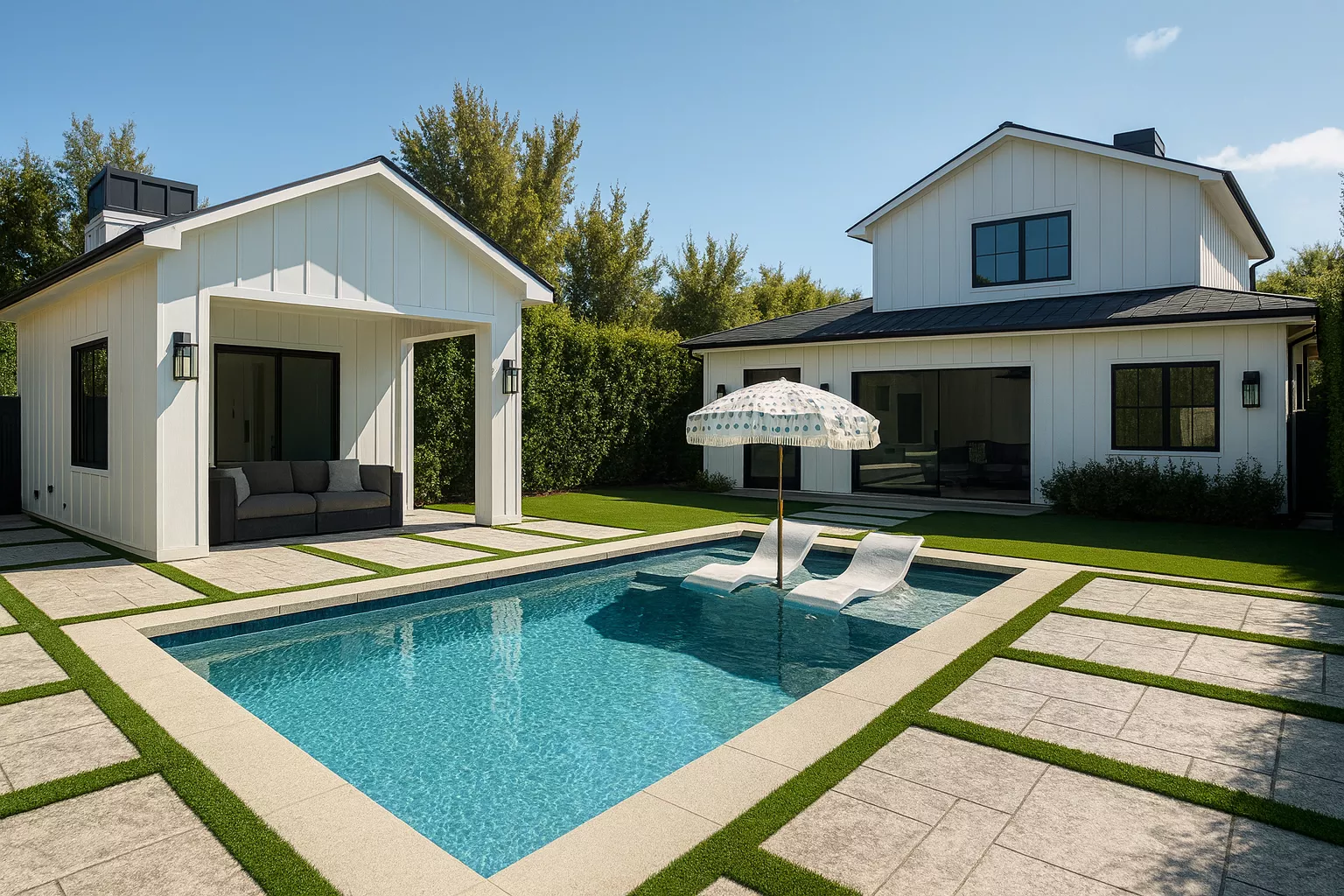 Pool deck with turf inlays